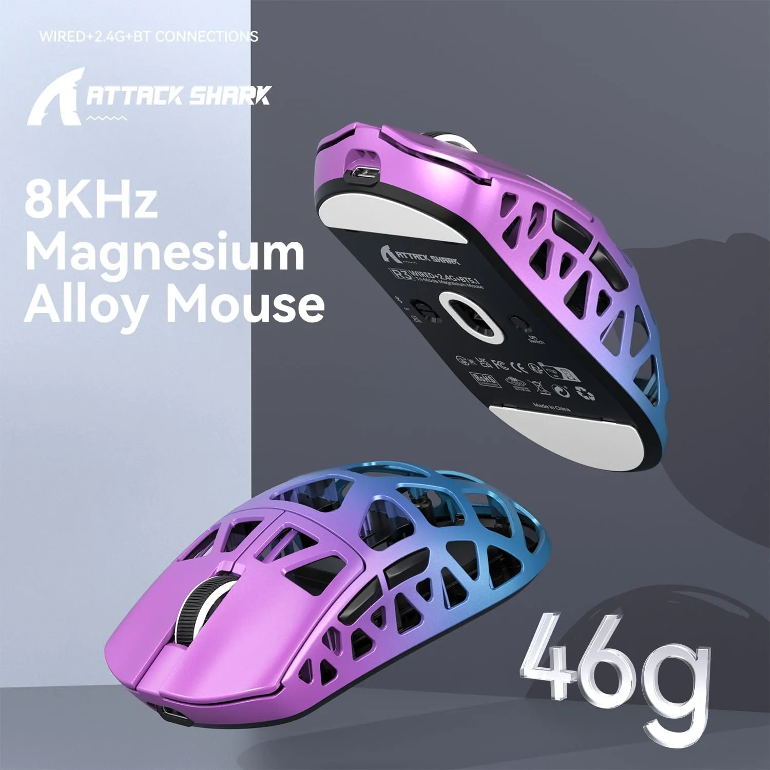R3 46g Superlight Magnesium Alloy Wireless Gaming Mouse, BT/2.4Ghz/Wired Computer Mouse, 8000Hz Wireless Polling Rate, PAW3395 26K DPI Sensor, Programmable Mice, PC/Laptop/Mac (Purple&Blue)