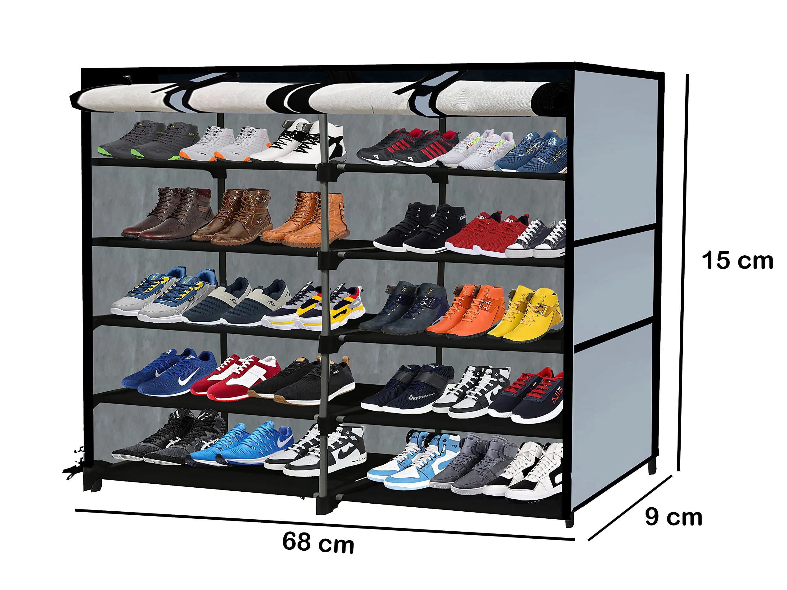 RAXON WORLD Multipurpose 10 Shelves Shoe Rack with Zip Door Cover & Side Pockets, Multiuse Storage Rack For Footwear, Toys, Colthes With Dustproof Cover (10 Shelves, Metal)