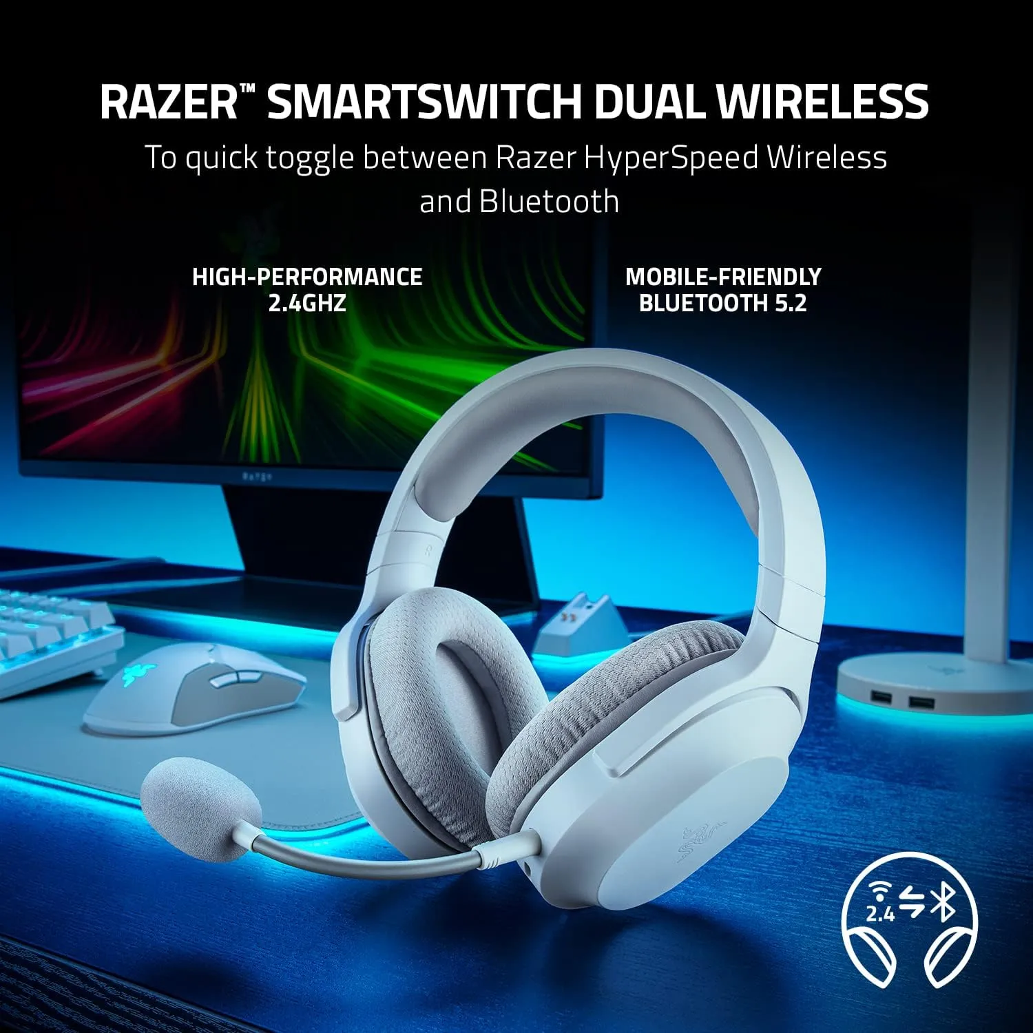 Razer Barracuda X Wireless Gaming & Mobile Headset (PC, PlayStation, Switch, Android, iOS): 2.4GHz Wireless   Bluetooth - Lightweight - 40mm Drivers - Detachable Mic - 50 Hr Battery - Mercury White