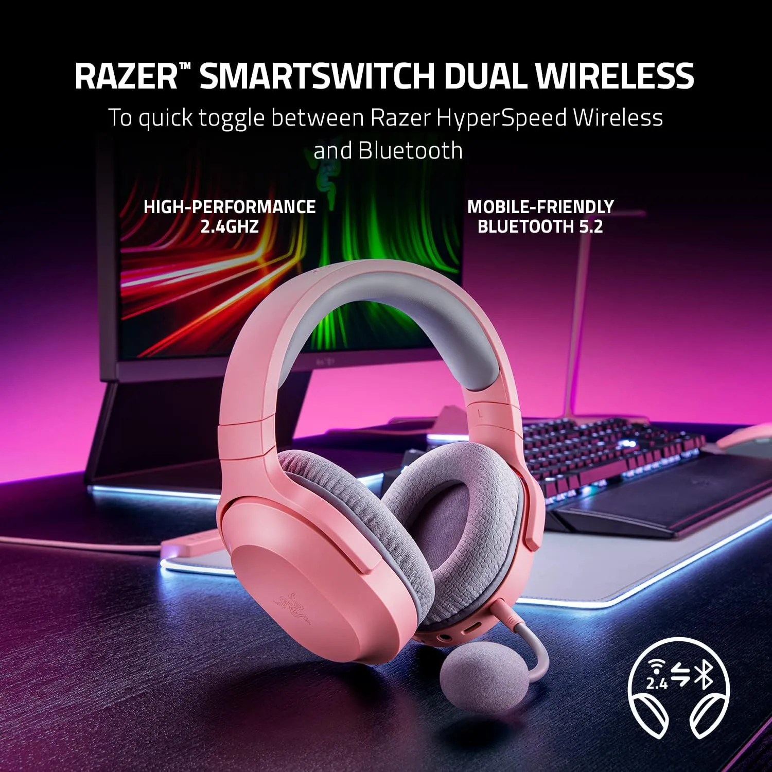 Razer Barracuda X Wireless Gaming & Mobile Headset (PC, PlayStation, Switch, Android, iOS): 2.4GHz Wireless   Bluetooth - Lightweight - 40mm Drivers - Detachable Mic - 50 Hr Battery - Quartz Pink