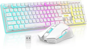 RedThunder K10 Wireless Gaming Keyboard and Mouse Combo, RGB Backlit Rechargeable 3800mAh Battery, Mechanical Feel Anti-ghosting Keyboard with Pudding Keycaps   7D 3200DPI Mice for PC Gamer (White)
