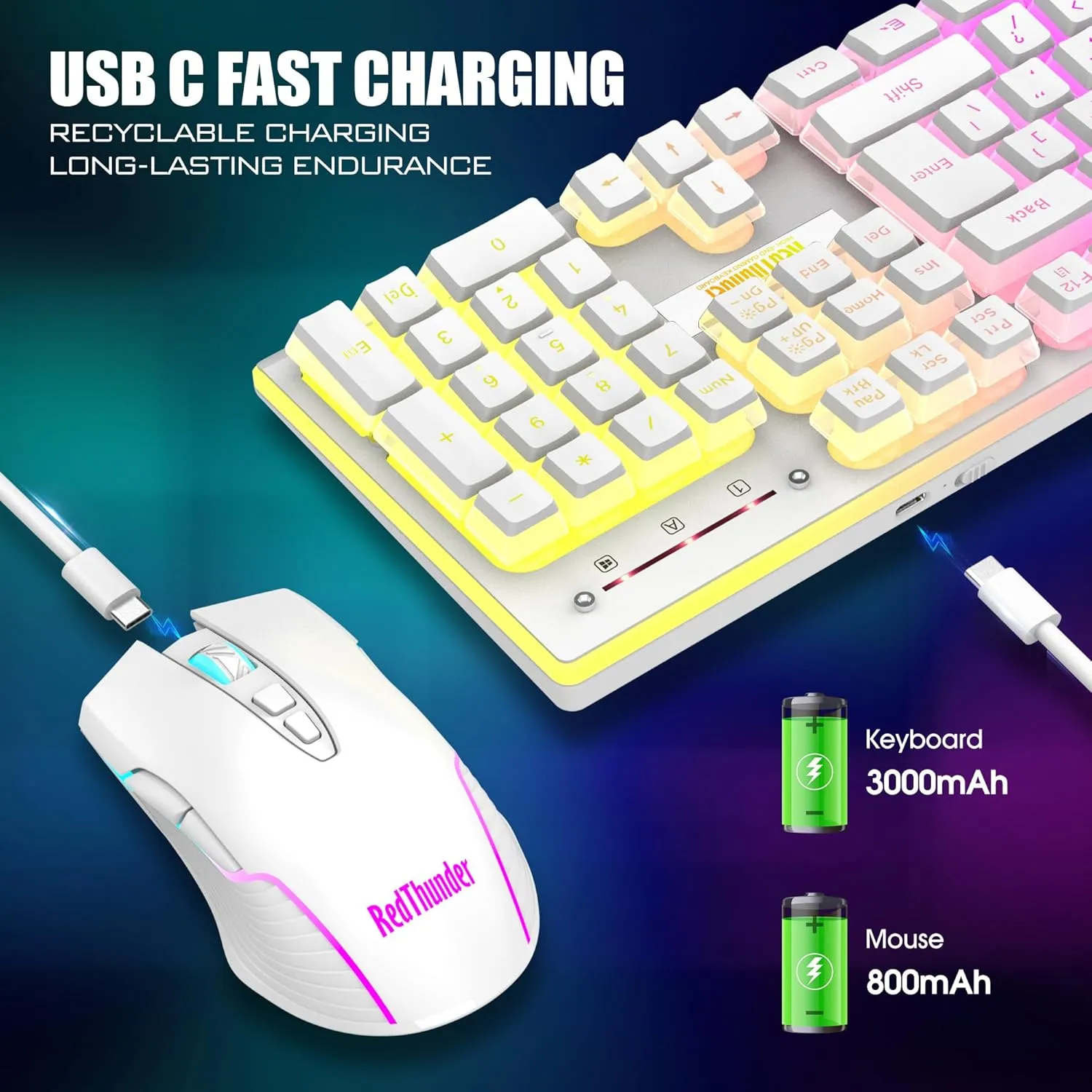 RedThunder K10 Wireless Gaming Keyboard and Mouse Combo, RGB Backlit Rechargeable 3800mAh Battery, Mechanical Feel Anti-ghosting Keyboard with Pudding Keycaps   7D 3200DPI Mice for PC Gamer (White)