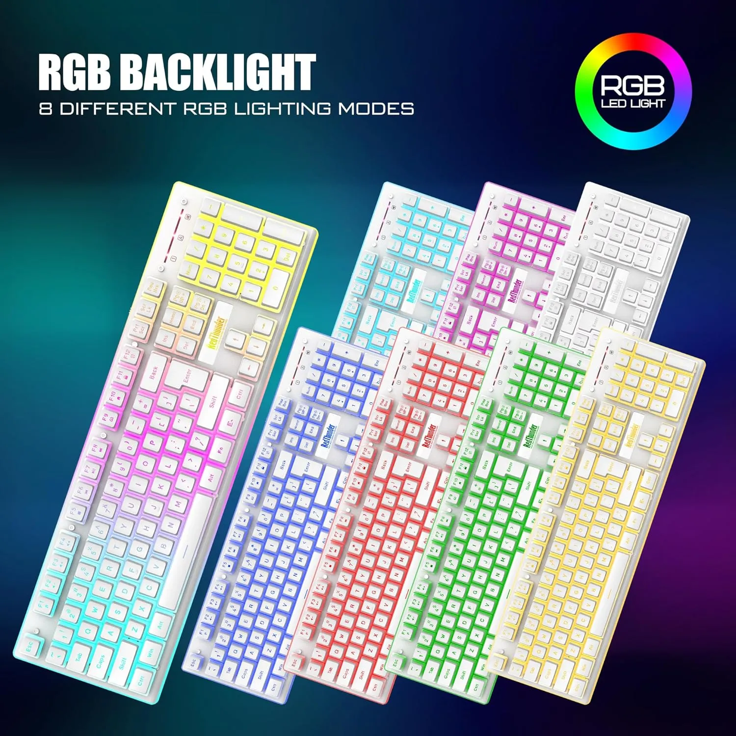 RedThunder K10 Wireless Gaming Keyboard and Mouse Combo, RGB Backlit Rechargeable 3800mAh Battery, Mechanical Feel Anti-ghosting Keyboard with Pudding Keycaps   7D 3200DPI Mice for PC Gamer (White)