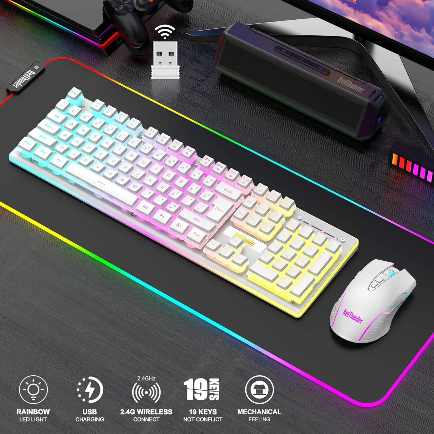 RedThunder K10 Wireless Gaming Keyboard and Mouse Combo, RGB Backlit Rechargeable 3800mAh Battery, Mechanical Feel Anti-ghosting Keyboard with Pudding Keycaps   7D 3200DPI Mice for PC Gamer (White)