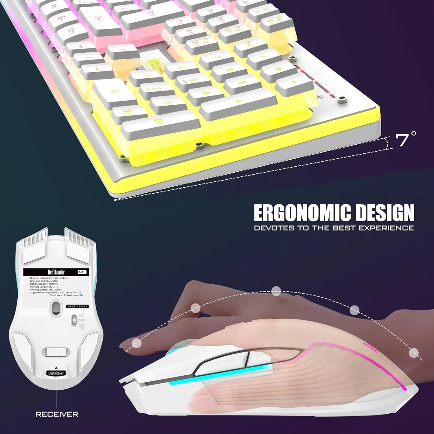 RedThunder K10 Wireless Gaming Keyboard and Mouse Combo, RGB Backlit Rechargeable 3800mAh Battery, Mechanical Feel Anti-ghosting Keyboard with Pudding Keycaps   7D 3200DPI Mice for PC Gamer (White)