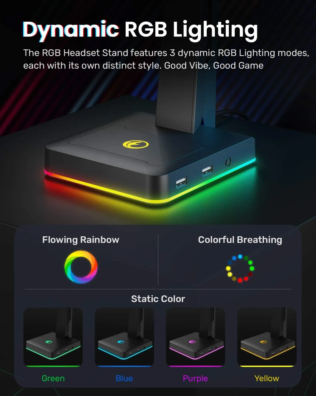 RGB Gaming Headset Stand with 2 USB Ports, Game Headphone Mount for PC, Xbox One, PS4, Switch, Earphone Holder Hanger, Great for Gaming Stations, Fancy Desk Gamer Accessories, Black