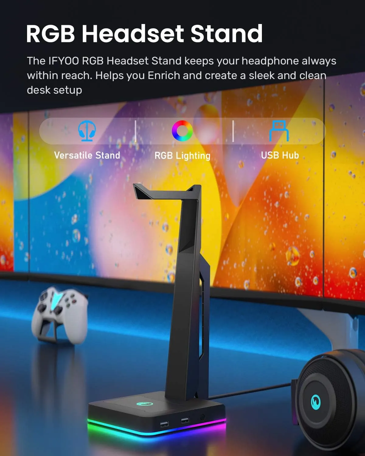 RGB Gaming Headset Stand with 2 USB Ports, Game Headphone Mount for PC, Xbox One, PS4, Switch, Earphone Holder Hanger, Great for Gaming Stations, Fancy Desk Gamer Accessories, Black