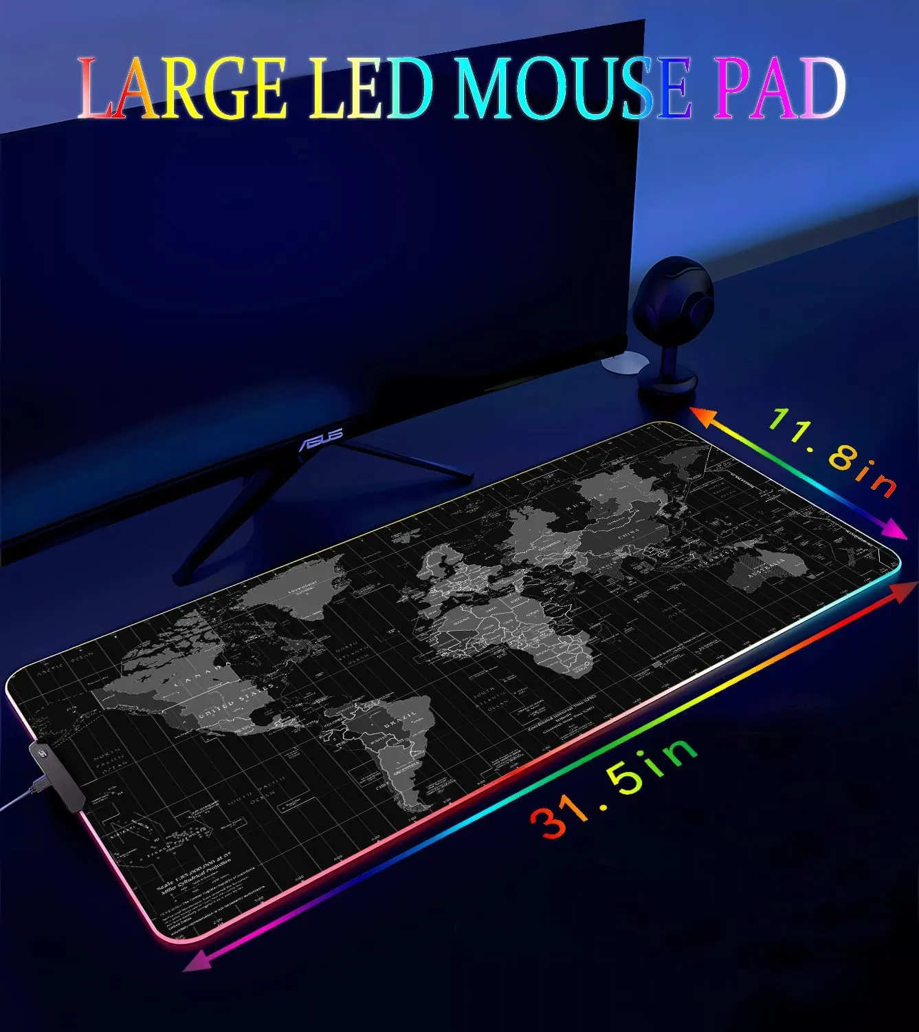 RGB Gaming Mouse Pad, Large Mousepad with Led Light, Gaming Accessories Keyboard Pad for Desk, Non-Slip Rubber Base Big Mouse Mat for Gamer, 31.5 X 11.8 Inch, Black World Map