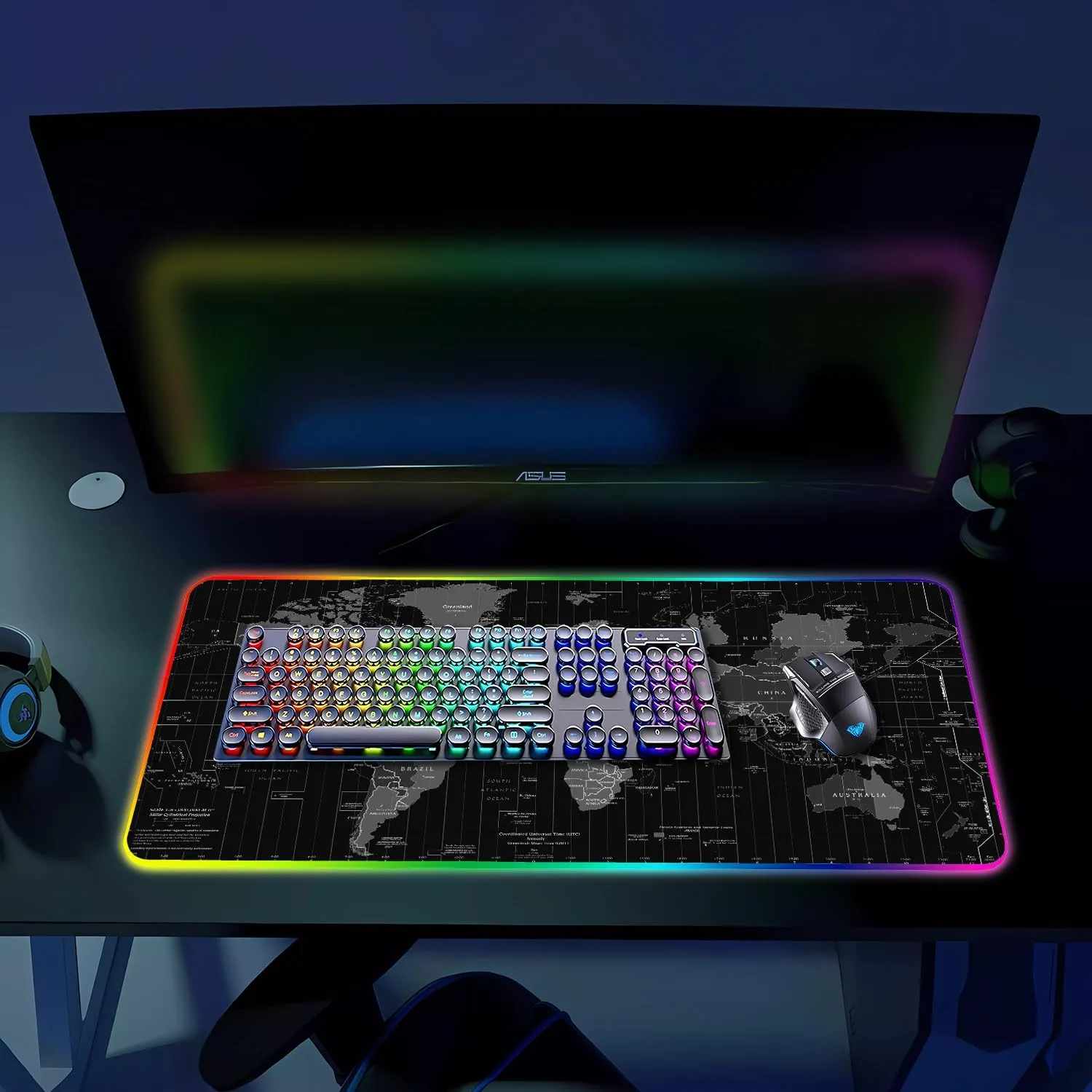 RGB Gaming Mouse Pad, Large Mousepad with Led Light, Gaming Accessories Keyboard Pad for Desk, Non-Slip Rubber Base Big Mouse Mat for Gamer, 31.5 X 11.8 Inch, Black World Map