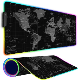 RGB Gaming Mouse Pad, Large Mousepad with Led Light, Gaming Accessories Keyboard Pad for Desk, Non-Slip Rubber Base Big Mouse Mat for Gamer, 31.5 X 11.8 Inch, Black World Map