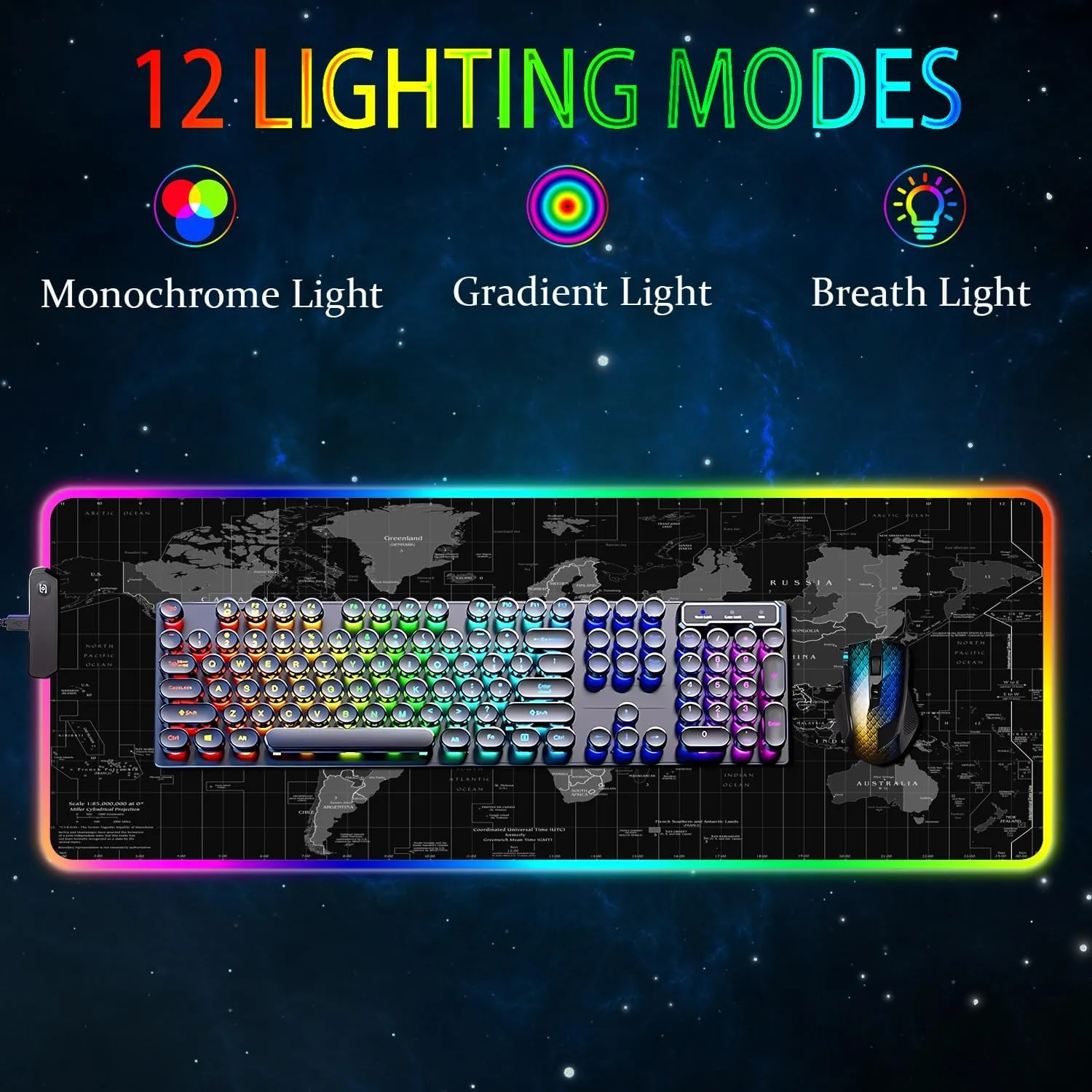 RGB Gaming Mouse Pad, Large Mousepad with Led Light, Gaming Accessories Keyboard Pad for Desk, Non-Slip Rubber Base Big Mouse Mat for Gamer, 31.5 X 11.8 Inch, Black World Map