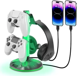 RGB Headphone Stand for Desk, Innovative Headset Stand with 9 Light Modes - Controller Holder with USB Charging and Type-c Port, Gamepad Earphone Accessories (Black)