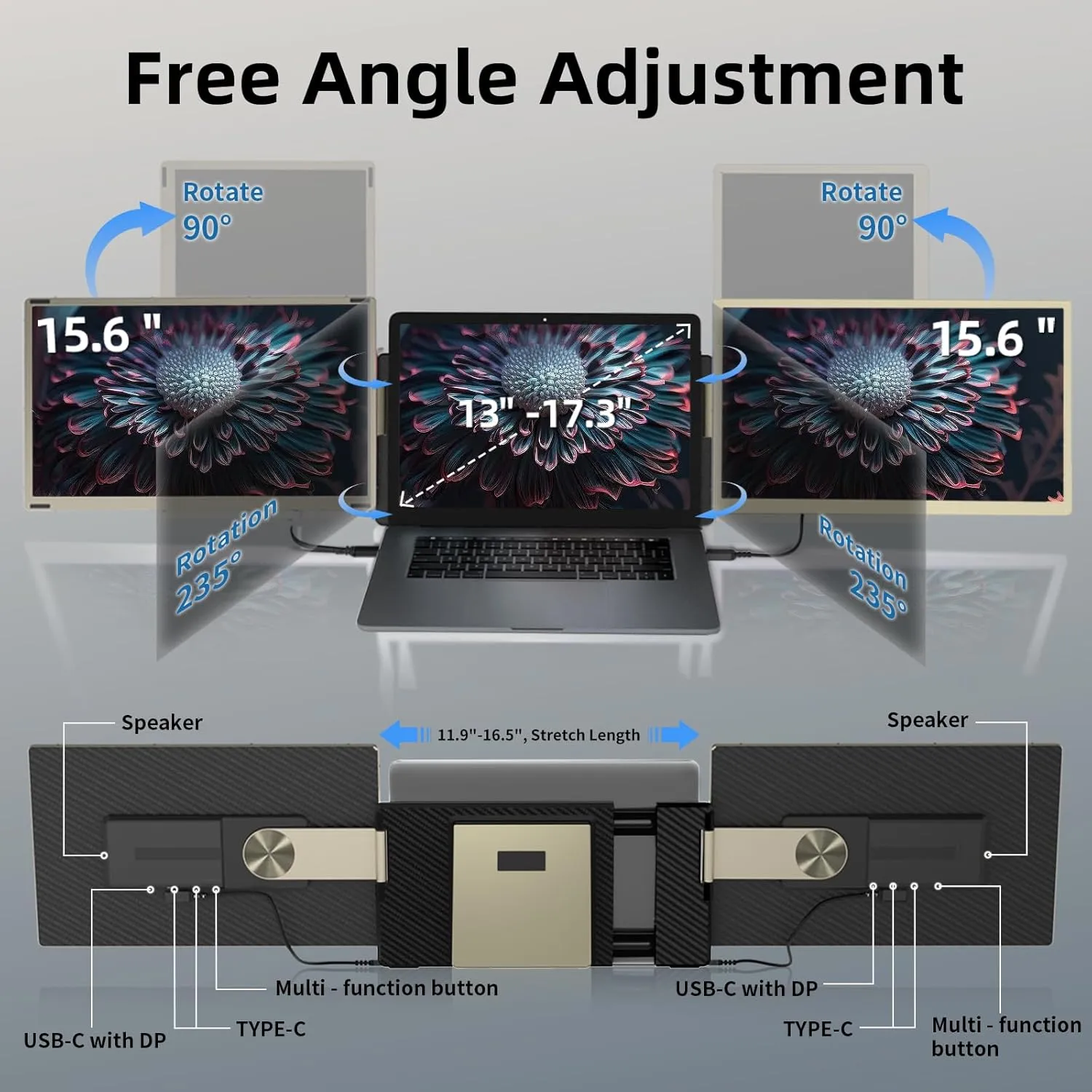 ROYY Laptop Screen Extender Triple Monitor - 15.6" Detachable Portable Monitor 120% sRGB FHD 1080P IPS 235 Degrees Rotation Extra Screen Compatible with Mac Wins Dex Chrome Fits 13-17" Laptop