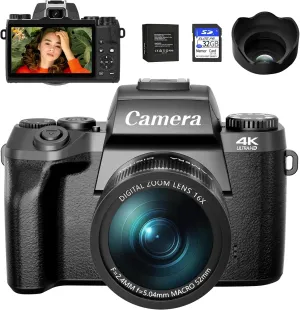 Saneen Digital Camera, 4k Cameras for Photography, 64MP WiFi Touch Screen Vlogging Camera with Flash, 32GB Card, Lens Hood,3000mAH Battery, Front and Rear Cameras,Hot Shoe Interface Beginner