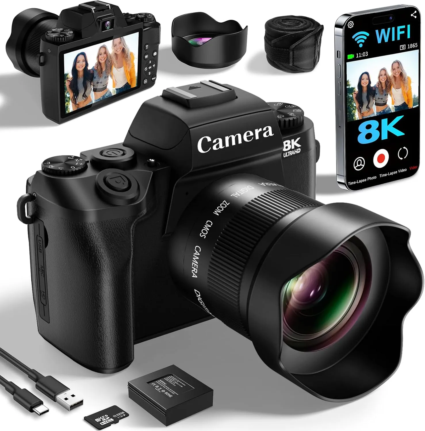 Saneen Digital Camera, 8K Cameras for Photography & Video with 4' Touch Screen with Flash, 32GB Card, 3000mAH Battery, Front & Rear Vlog Cameras-Black