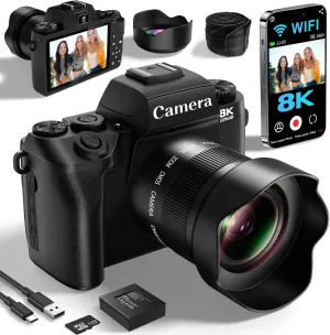 Saneen Digital Camera, 8K Cameras for Photography & Video with 4' Touch Screen with Flash, 32GB Card, 3000mAH Battery, Front & Rear Vlog Cameras-Black
