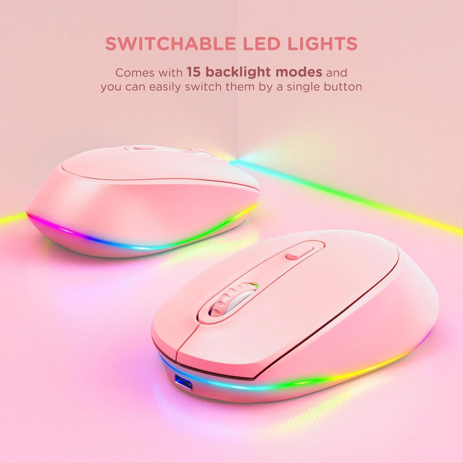 seenda Wireless Mouse, Rechargeable Light Up Mouse for Laptop, Small Cordless Mice with Quiet Click LED Rainbow Lights for PC Computer Kids Chromebook Windows Mac,Hot Pink