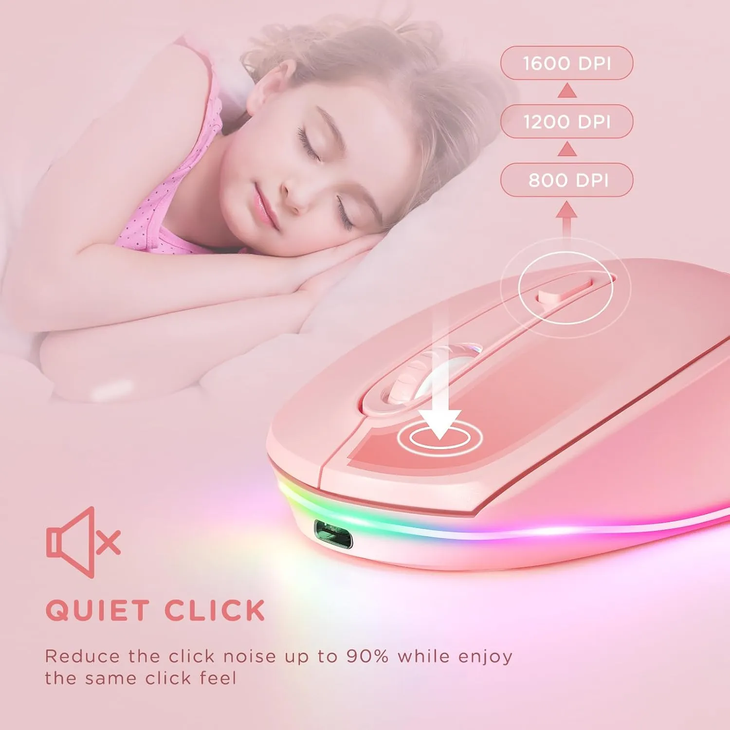 seenda Wireless Mouse, Rechargeable Light Up Mouse for Laptop, Small Cordless Mice with Quiet Click LED Rainbow Lights for PC Computer Kids Chromebook Windows Mac,Hot Pink