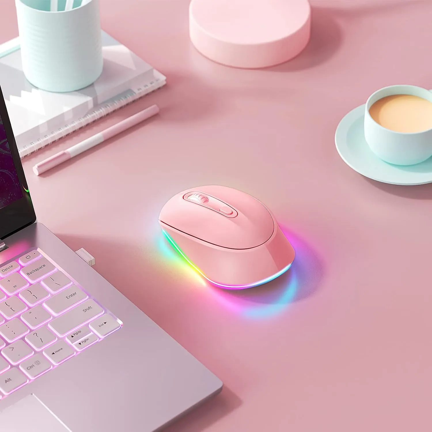 seenda Wireless Mouse, Rechargeable Light Up Mouse for Laptop, Small Cordless Mice with Quiet Click LED Rainbow Lights for PC Computer Kids Chromebook Windows Mac,Hot Pink