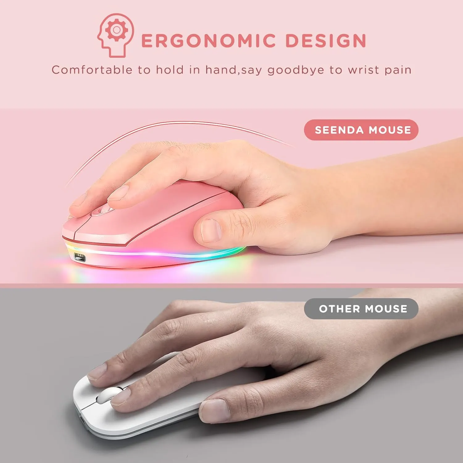 seenda Wireless Mouse, Rechargeable Light Up Mouse for Laptop, Small Cordless Mice with Quiet Click LED Rainbow Lights for PC Computer Kids Chromebook Windows Mac,Hot Pink