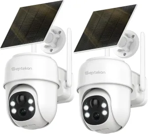 Septekon 360PTZ Security Cameras Wireless Outdoor 2 Pack, 2K Solar Battery Powered Cameras, 2.4G WiFi Camera with Spotlight, Motion Detection, Siren, Color Night Vision, IP66, White