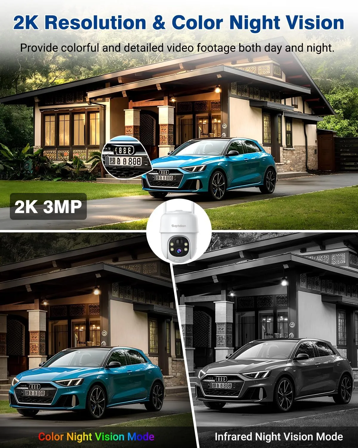 Septekon 360PTZ Security Cameras Wireless Outdoor 2 Pack, 2K Solar Battery Powered Cameras, 2.4G WiFi Camera with Spotlight, Motion Detection, Siren, Color Night Vision, IP66, White