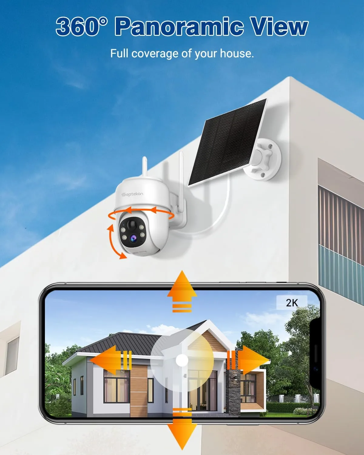 Septekon 360PTZ Security Cameras Wireless Outdoor 2 Pack, 2K Solar Battery Powered Cameras, 2.4G WiFi Camera with Spotlight, Motion Detection, Siren, Color Night Vision, IP66, White