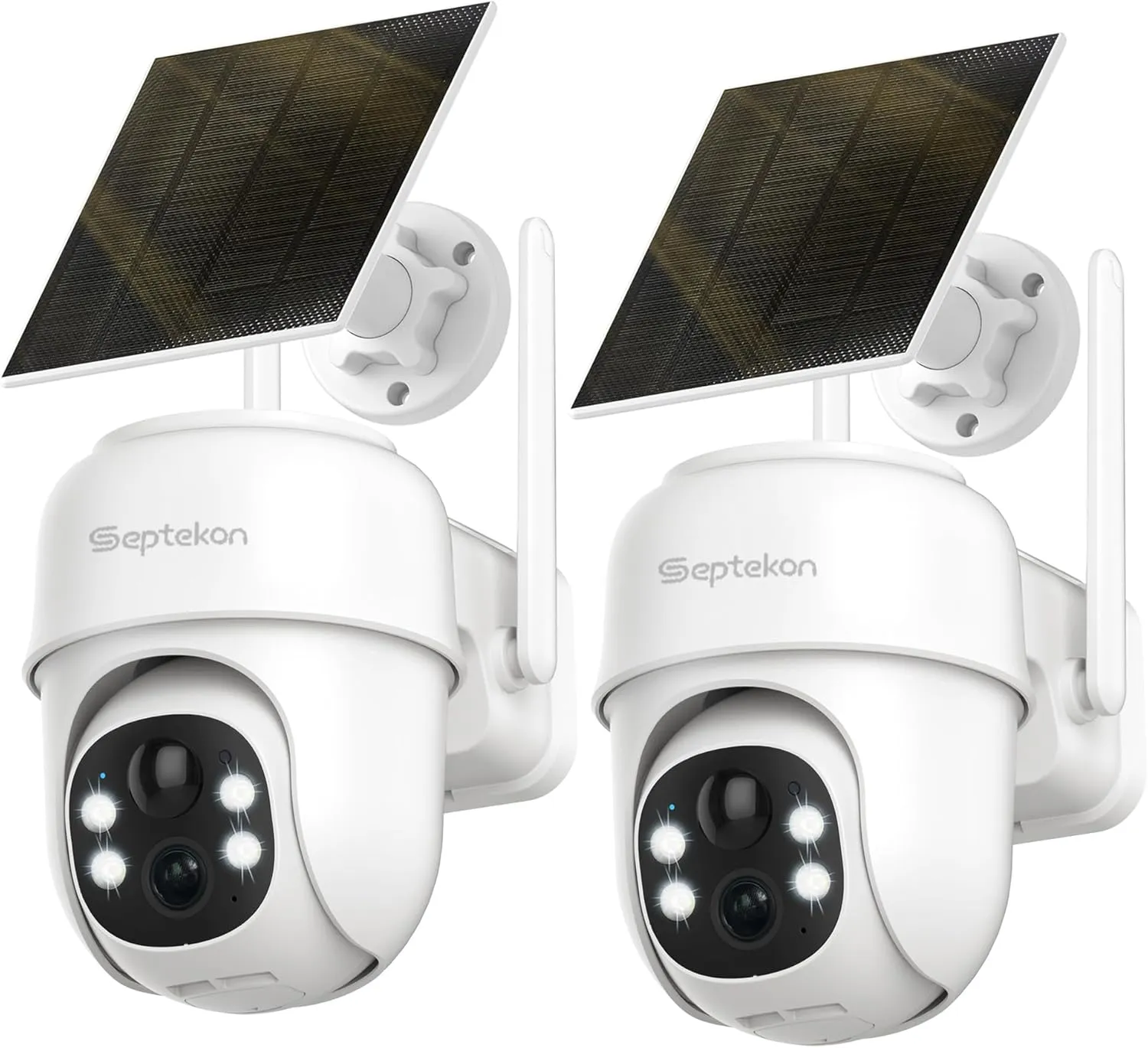Septekon 360PTZ Security Cameras Wireless Outdoor 2 Pack, 2K Solar Battery Powered Cameras, 2.4G WiFi Camera with Spotlight, Motion Detection, Siren, Color Night Vision, IP66, White