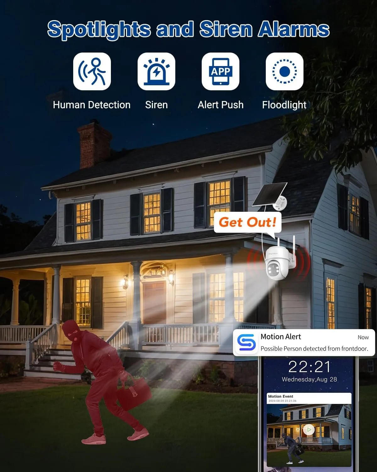 Septekon 360PTZ Security Cameras Wireless Outdoor 2 Pack, 2K Solar Battery Powered Cameras, 2.4G WiFi Camera with Spotlight, Motion Detection, Siren, Color Night Vision, IP66, White