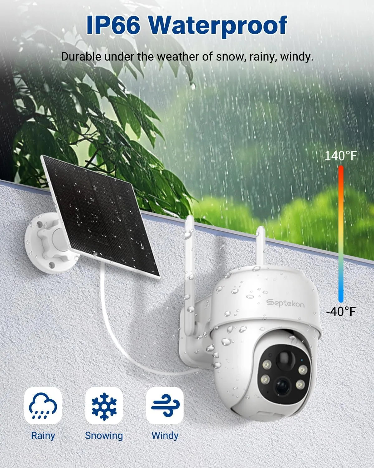 Septekon 360PTZ Security Cameras Wireless Outdoor 2 Pack, 2K Solar Battery Powered Cameras, 2.4G WiFi Camera with Spotlight, Motion Detection, Siren, Color Night Vision, IP66, White