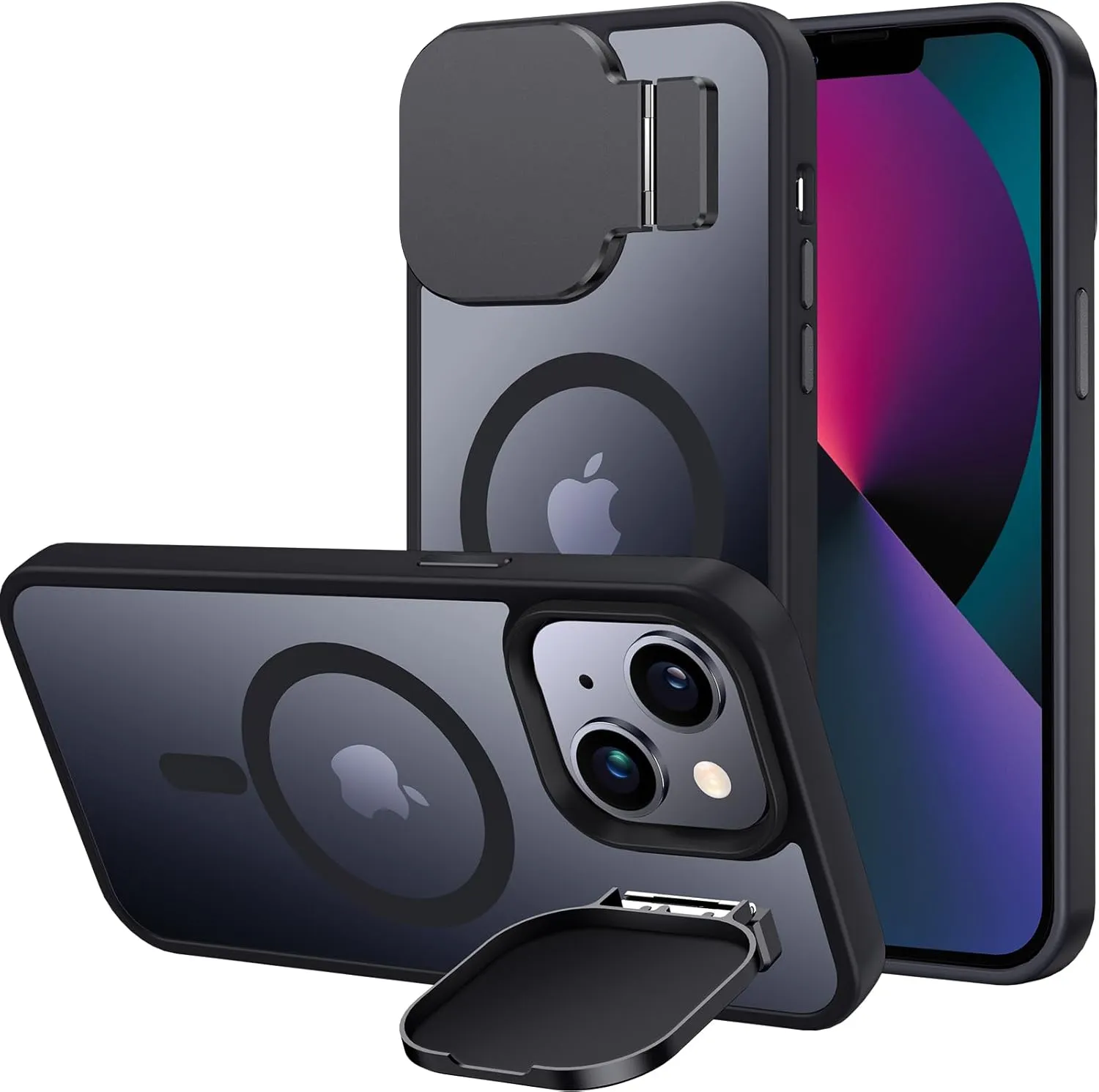 Silverback MagSafe-Compatible Case for iPhone 13/14 with Stand, Built-in Camera Cover, Translucent Matte Shockproof - Black