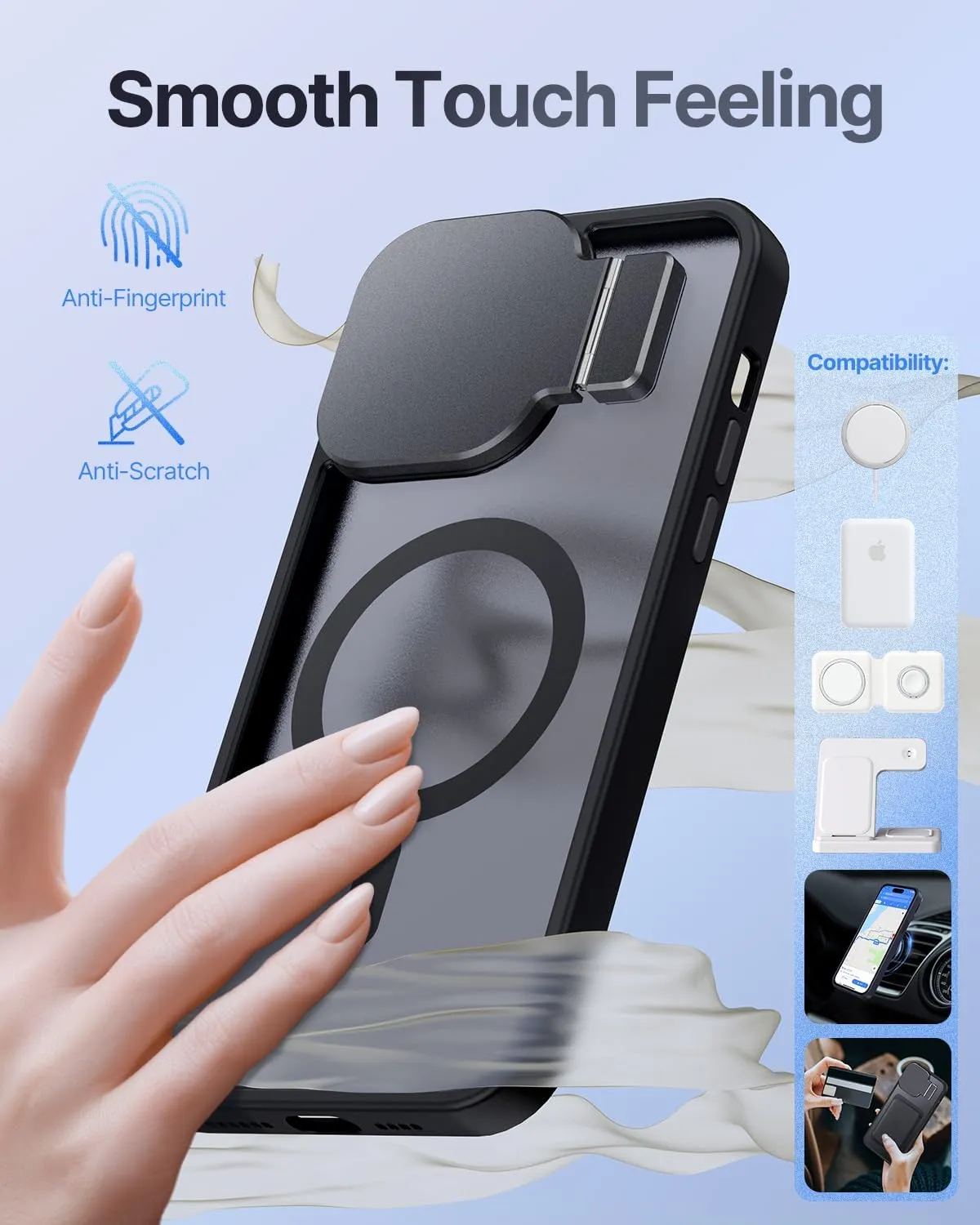 Silverback MagSafe-Compatible Case for iPhone 13/14 with Stand, Built-in Camera Cover, Translucent Matte Shockproof - Black
