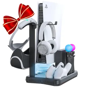 Skywin- PSVR Charging Station Display Stand, Showcase, Cool, Charge, and Display your PS VR, Compatible with Playstation, PS5 Controller Charger Headset Stand, Fan, Controller Charger and Hub (PS5 VR)