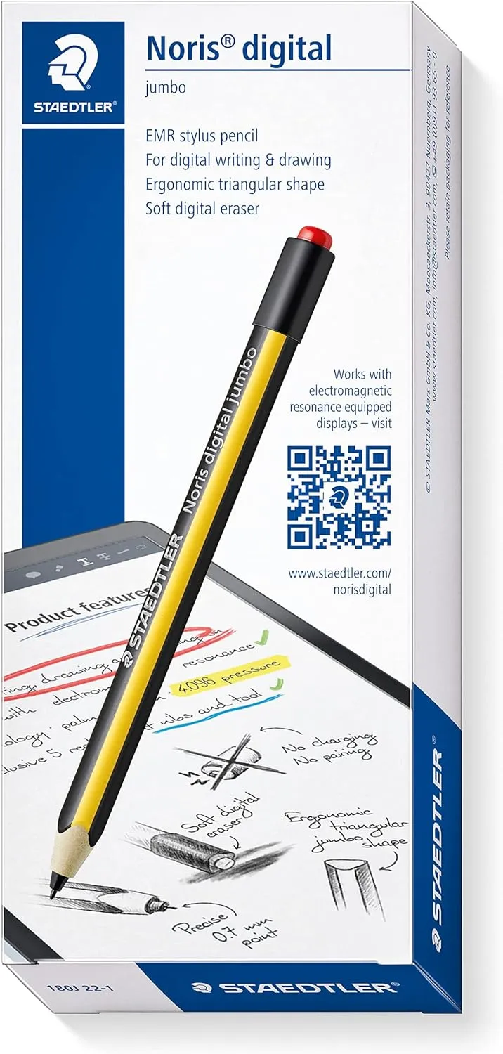 STAEDTLER Noris jumbo 180J 22. EMR Stylus with soft eraser. For writing, drawing and erasing on EMR displays, yellow-black (check compatibility)