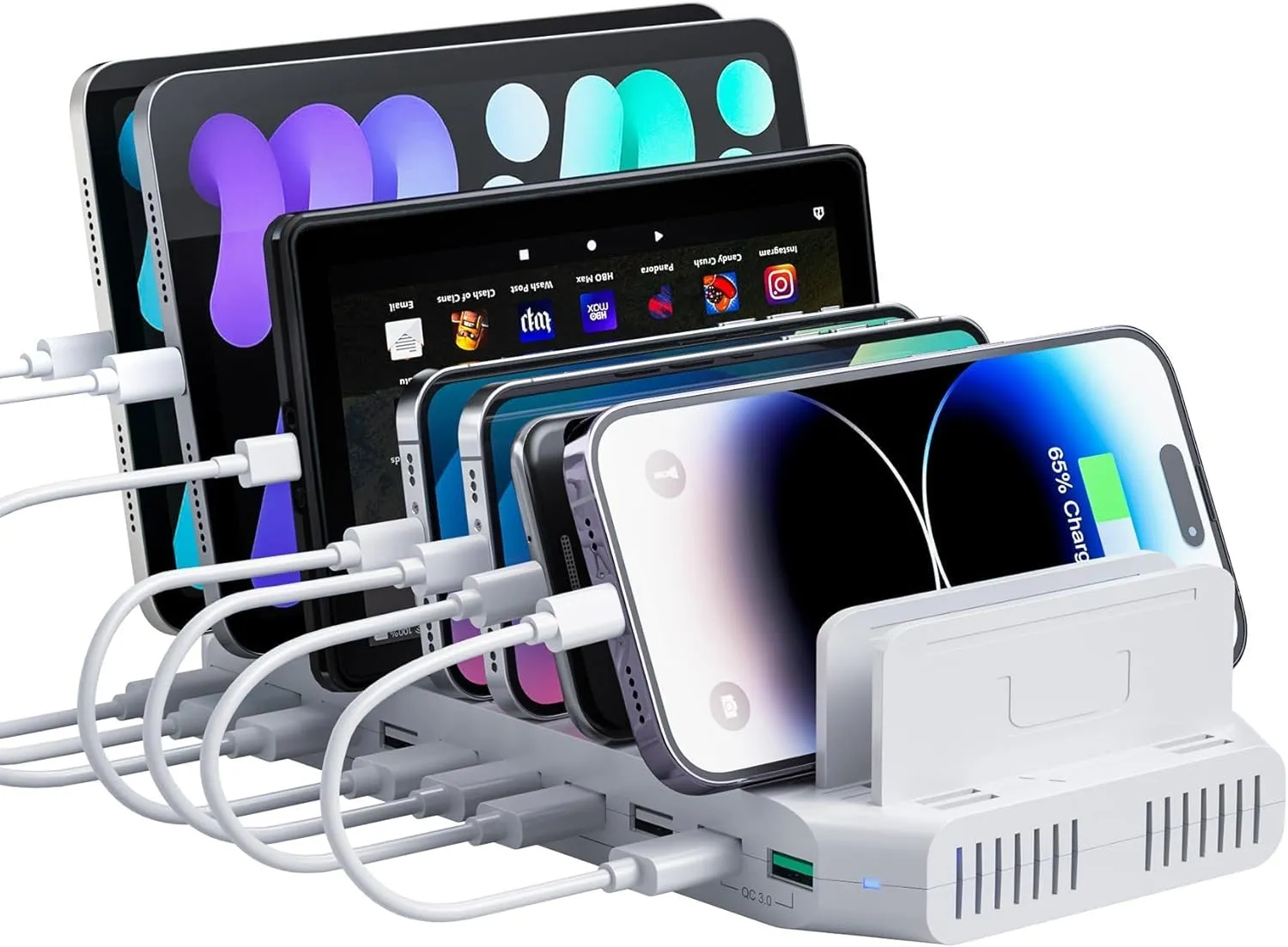 Tablet Charging Station with QC3.0 Fast Charging, 100W 10 Port USB Charging Stations, Phone Charging Station for Multiple Devices with Adjustable Dividers