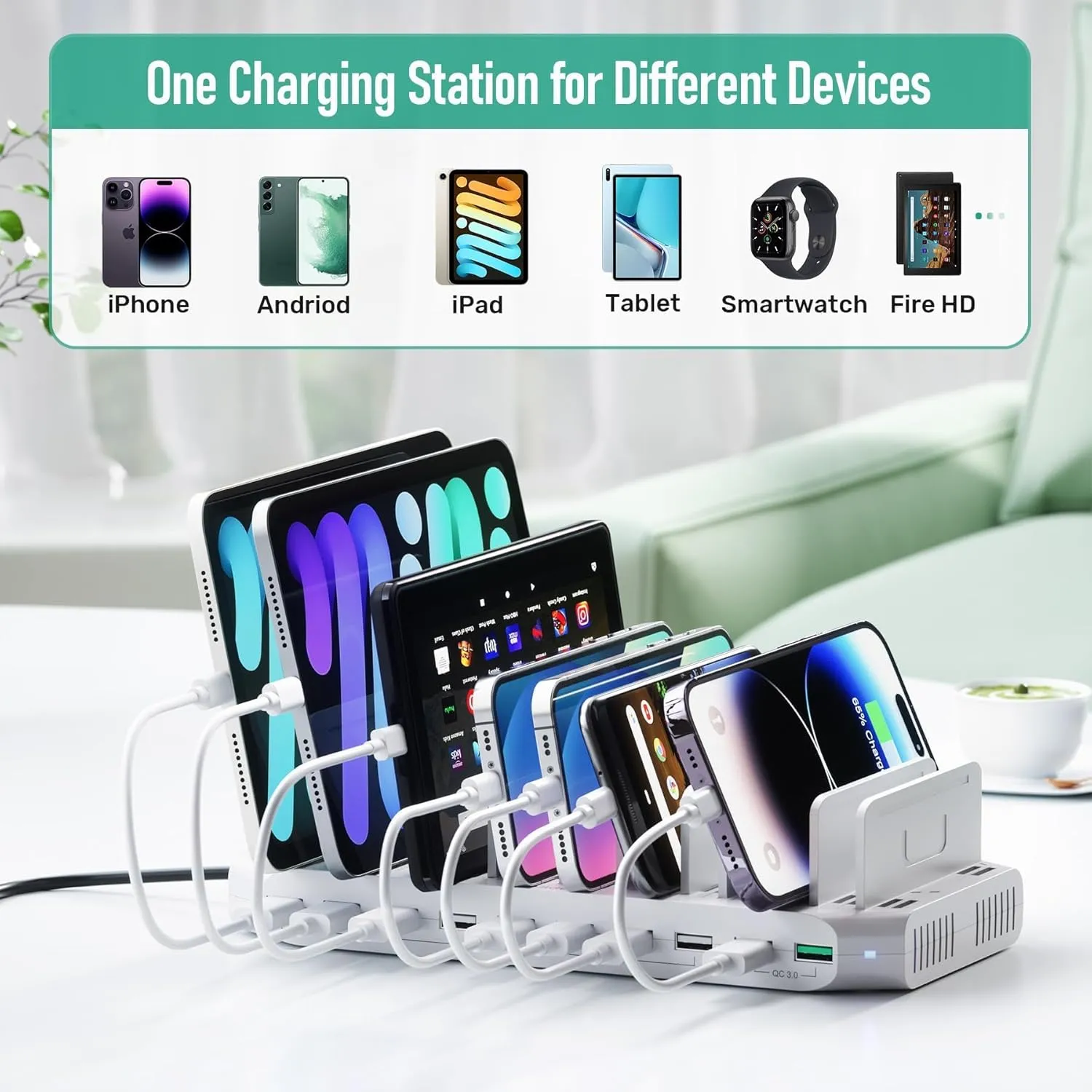 Tablet Charging Station with QC3.0 Fast Charging, 100W 10 Port USB Charging Stations, Phone Charging Station for Multiple Devices with Adjustable Dividers