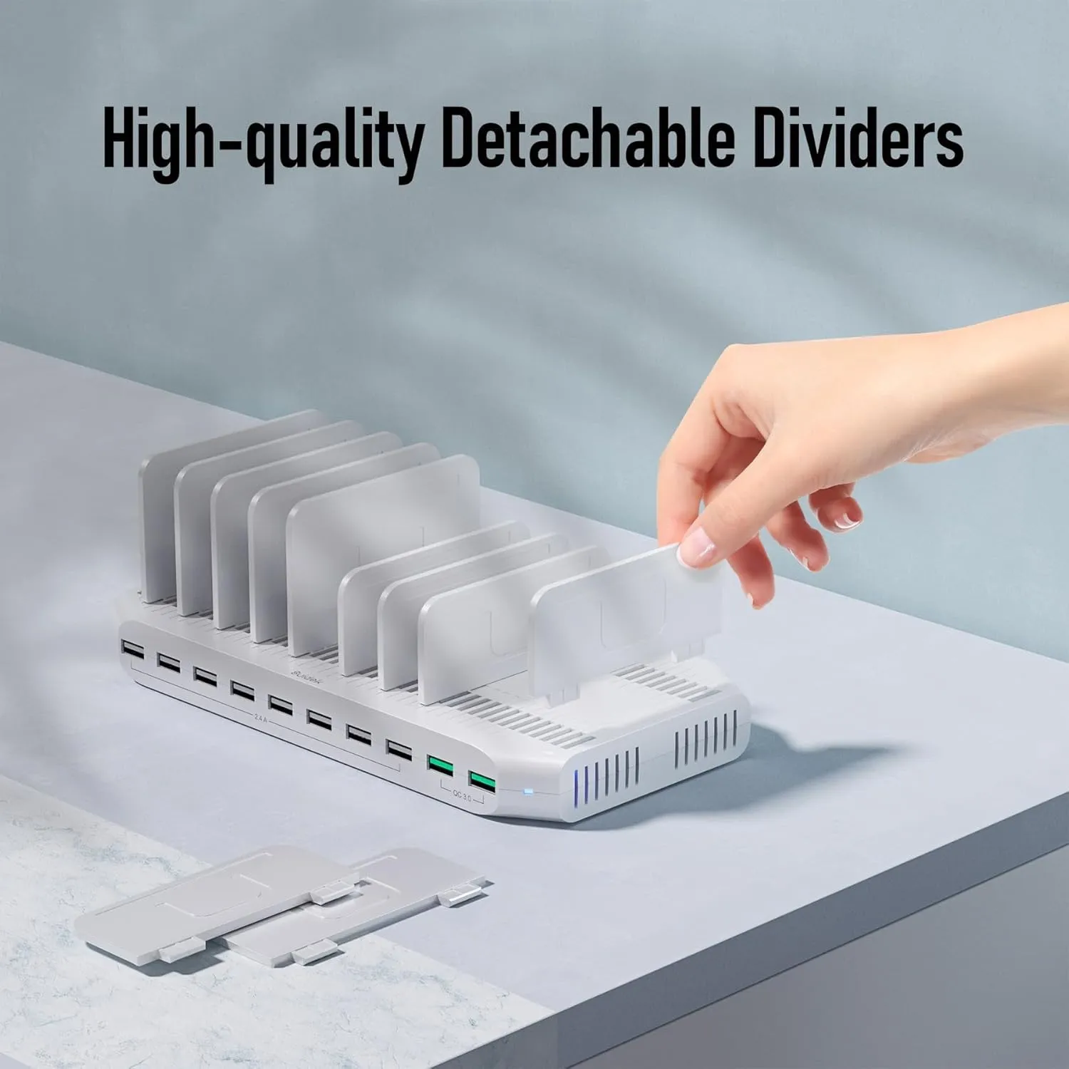Tablet Charging Station with QC3.0 Fast Charging, 100W 10 Port USB Charging Stations, Phone Charging Station for Multiple Devices with Adjustable Dividers