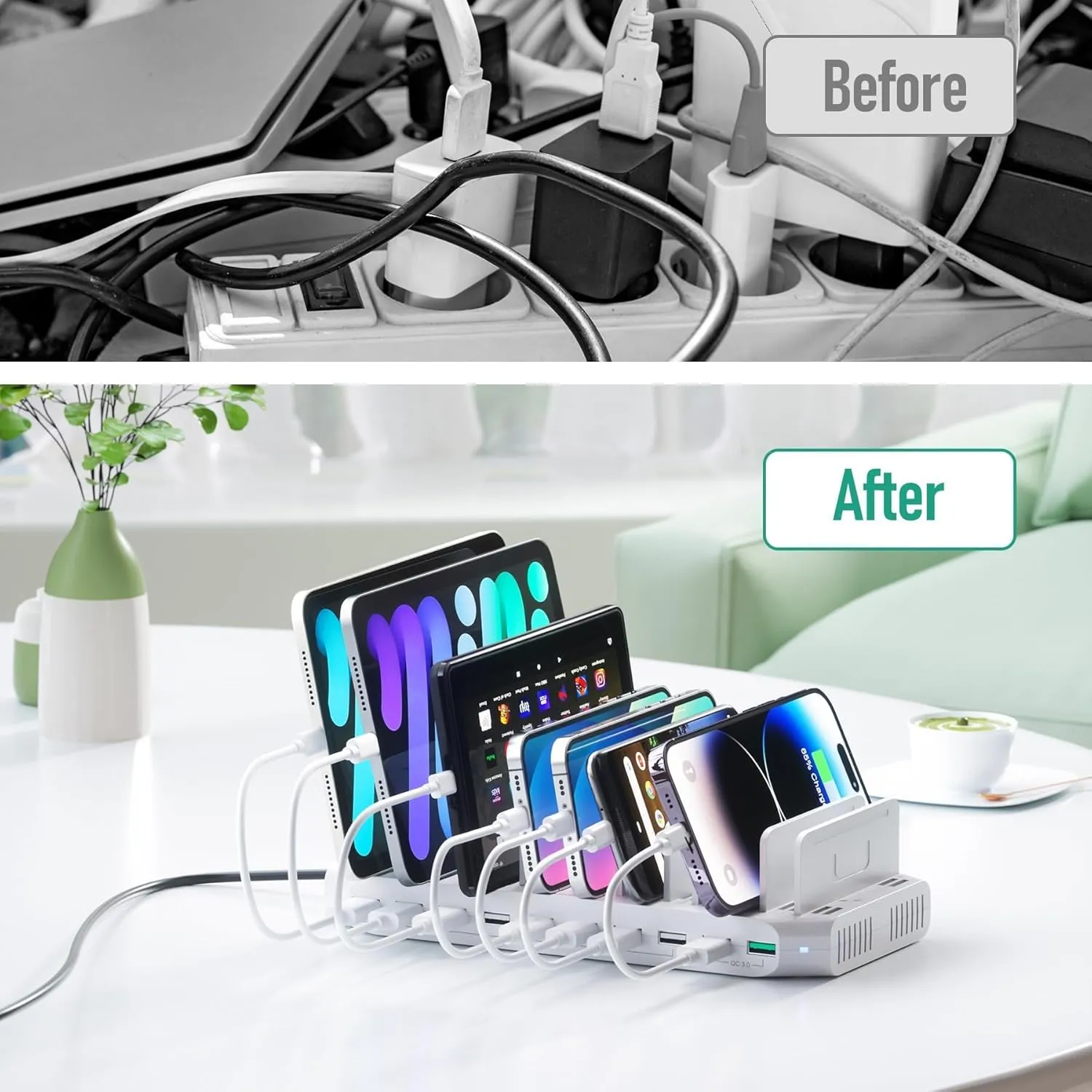 Tablet Charging Station with QC3.0 Fast Charging, 100W 10 Port USB Charging Stations, Phone Charging Station for Multiple Devices with Adjustable Dividers
