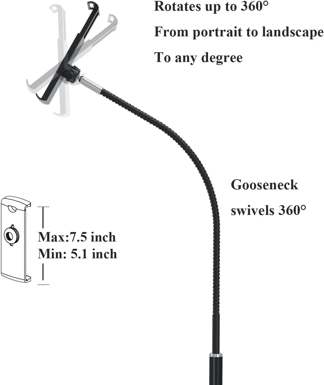 Tablet Floor Stand with Flexible Gooseneck and Stable Aluminum Base Suitable for 3.5 - 10.6 Smart Phone & Tablet Black