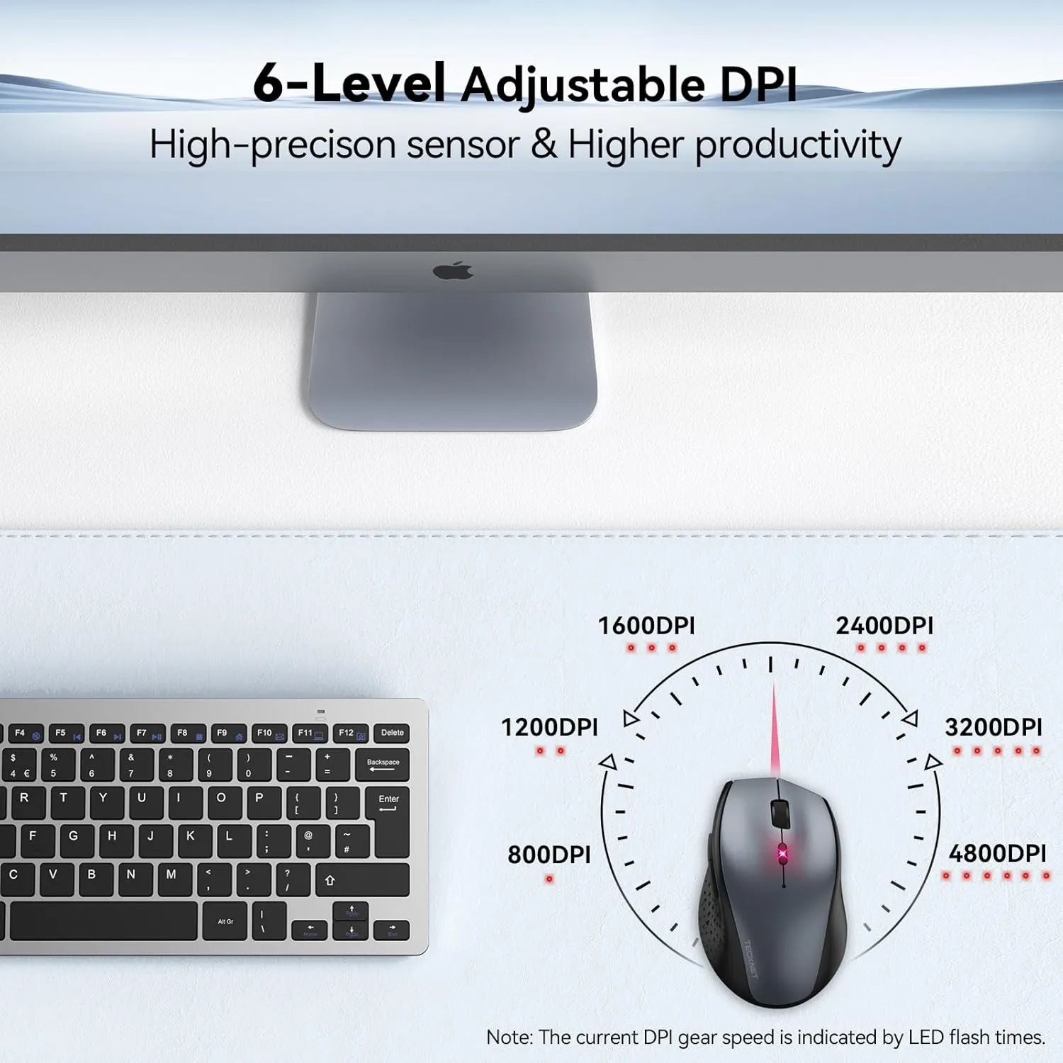 TECKNET Wireless Mouse, 2.4G USB Computer Mouse with 6-Level Adjustable 4800 DPI, Silent Mouse Quiet Click30 Months Battery, Ergonomic Grips, 6 Buttons Portable for PC, Chromebook, Mac - Grey