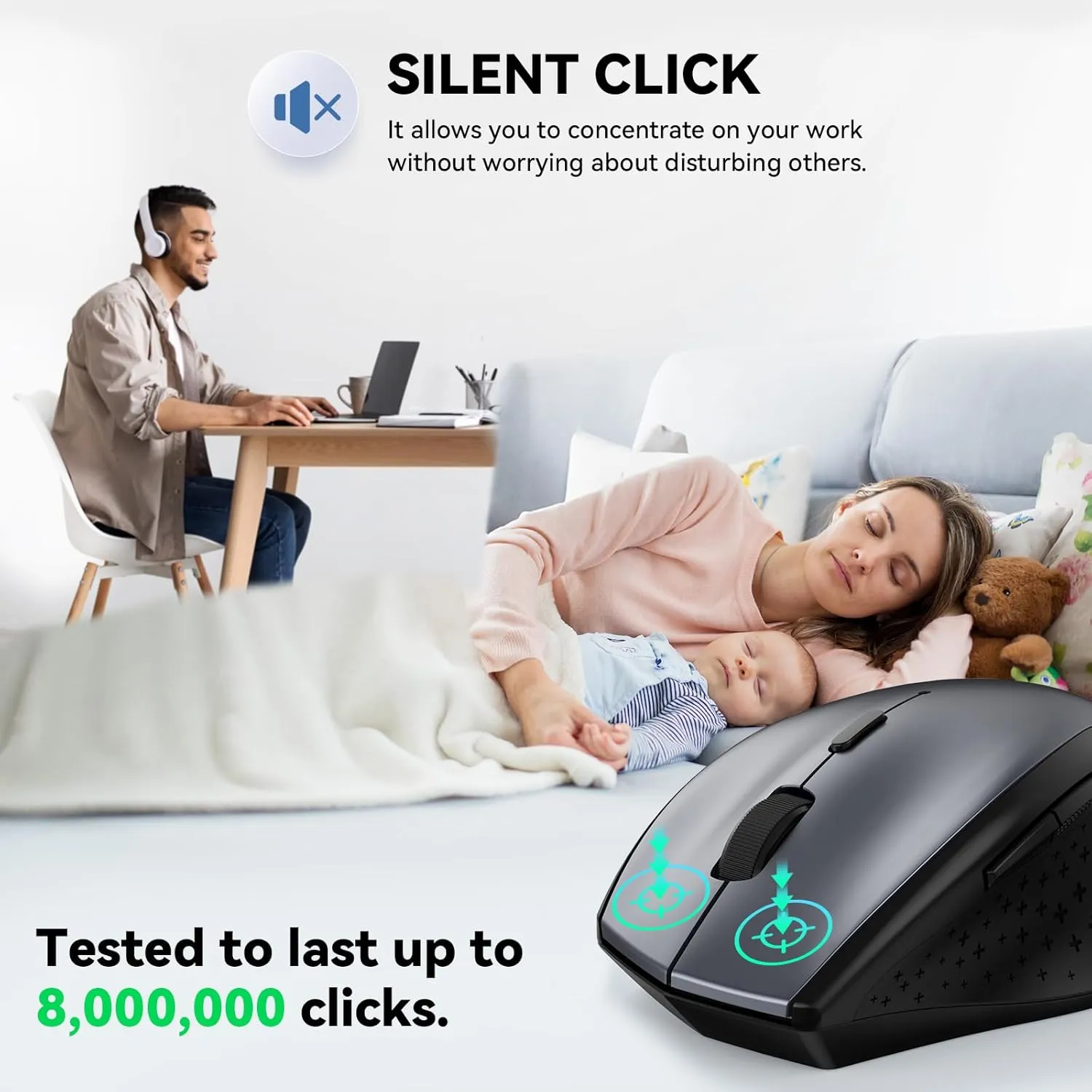 TECKNET Wireless Mouse, 2.4G USB Computer Mouse with 6-Level Adjustable 4800 DPI, Silent Mouse Quiet Click30 Months Battery, Ergonomic Grips, 6 Buttons Portable for PC, Chromebook, Mac - Grey
