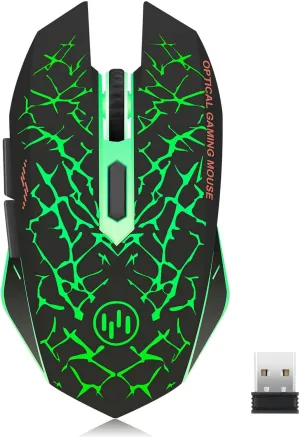 TENMOS K6 Wireless Gaming Mouse, Rechargeable Silent LED Optical Computer Mice with USB Receiver, 3 Adjustable DPI Level and 6 Buttons, Auto Sleeping Compatible Laptop/PC/Notebook (Green Light)