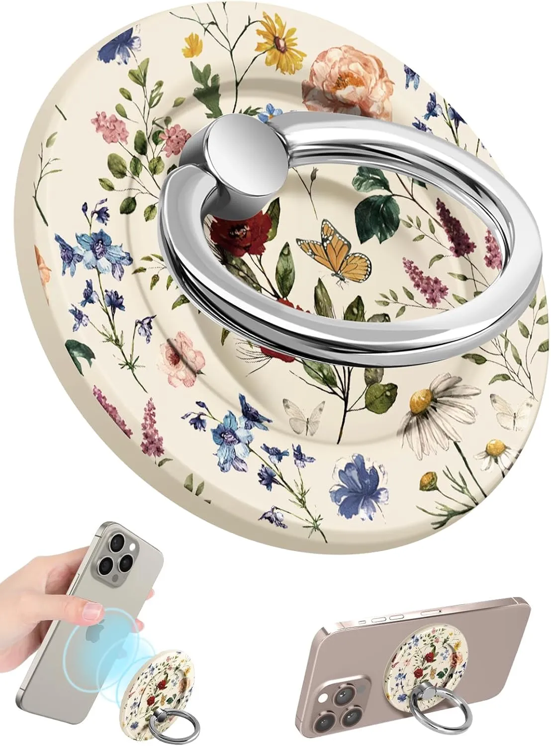 Toycamp Magnetic Phone Grip - Compatible with MagSafe Phone Grip Ring Stand for iPhone 16 Pro Max/16 Pro/16/15/14/13/12 Series Vintage Flowers Cute Phone Ring Holder Grip for Women Girls Girly