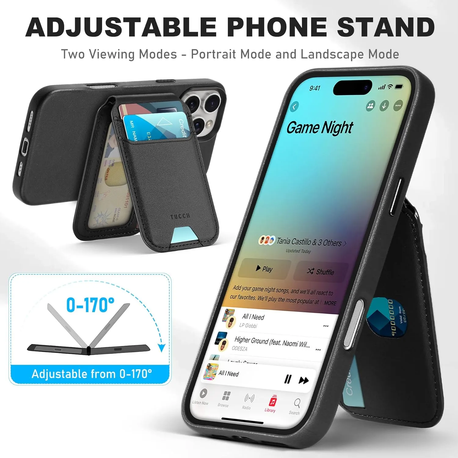 TUCCH 3-IN-1 Magnetic Case for iPhone 16 Pro with Removable Wallet, 5 Card Holders Adjustable Stand Wireless Charging Anti-Slip RFID Blocking Slim PU Leather Cover Compatible with iPhone 16 Pro, Black