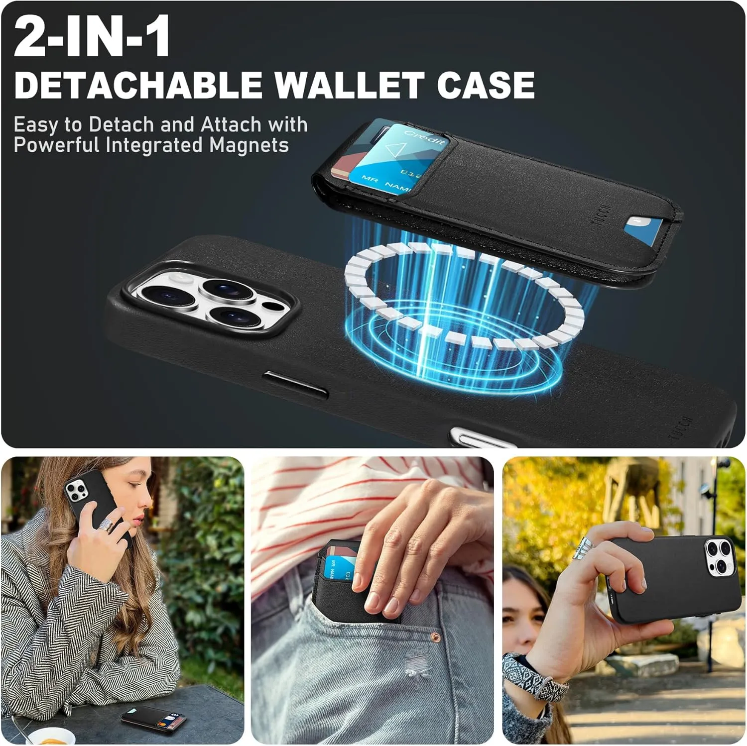 TUCCH 3-IN-1 Magnetic Case for iPhone 16 Pro with Removable Wallet, 5 Card Holders Adjustable Stand Wireless Charging Anti-Slip RFID Blocking Slim PU Leather Cover Compatible with iPhone 16 Pro, Black