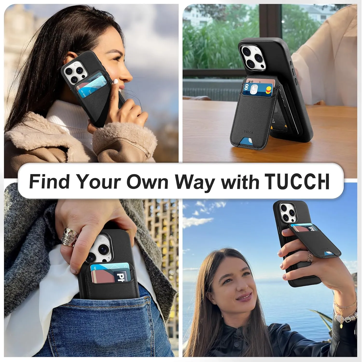 TUCCH 3-IN-1 Magnetic Case for iPhone 16 Pro with Removable Wallet, 5 Card Holders Adjustable Stand Wireless Charging Anti-Slip RFID Blocking Slim PU Leather Cover Compatible with iPhone 16 Pro, Black
