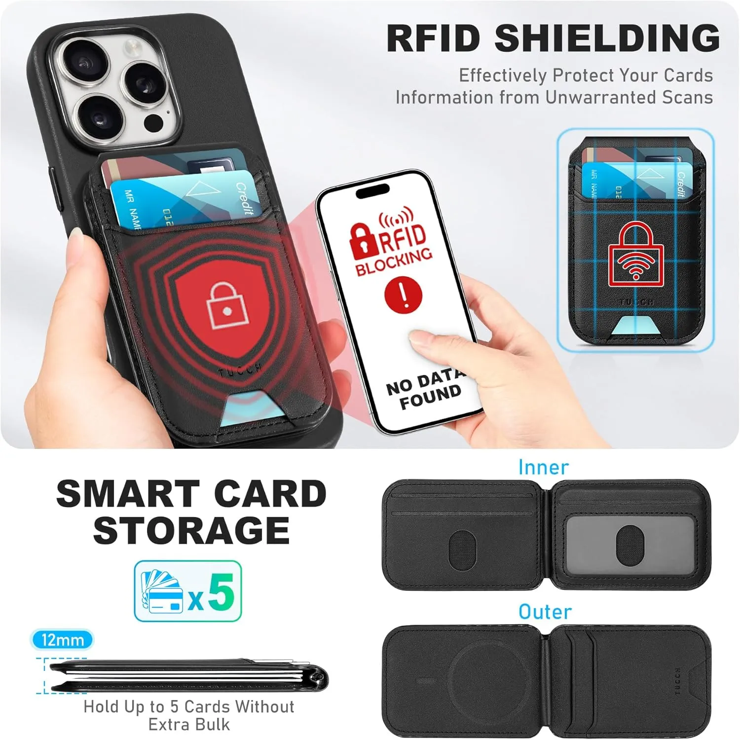 TUCCH 3-IN-1 Magnetic Case for iPhone 16 Pro with Removable Wallet, 5 Card Holders Adjustable Stand Wireless Charging Anti-Slip RFID Blocking Slim PU Leather Cover Compatible with iPhone 16 Pro, Black