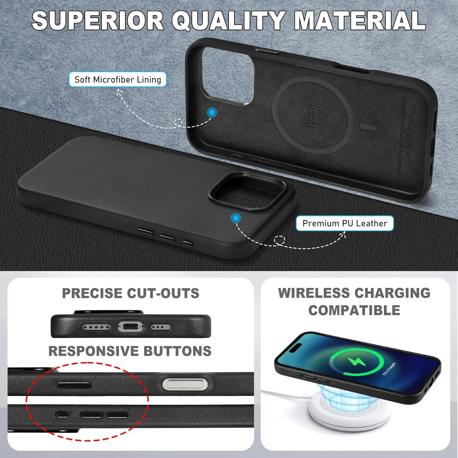 TUCCH 3-IN-1 Magnetic Case for iPhone 16 Pro with Removable Wallet, 5 Card Holders Adjustable Stand Wireless Charging Anti-Slip RFID Blocking Slim PU Leather Cover Compatible with iPhone 16 Pro, Black