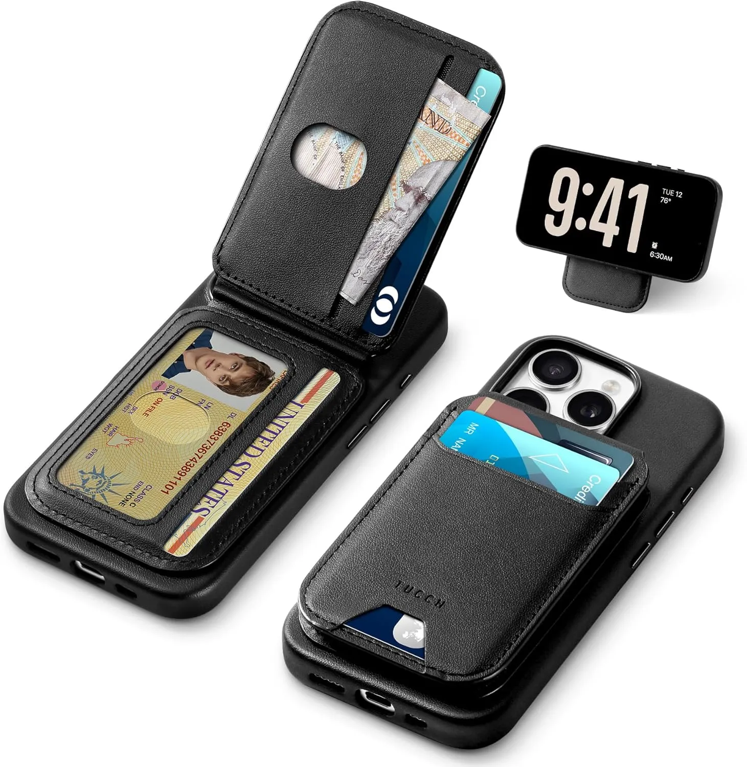 TUCCH 3-IN-1 Magnetic Case for iPhone 16 Pro with Removable Wallet, 5 Card Holders Adjustable Stand Wireless Charging Anti-Slip RFID Blocking Slim PU Leather Cover Compatible with iPhone 16 Pro, Black