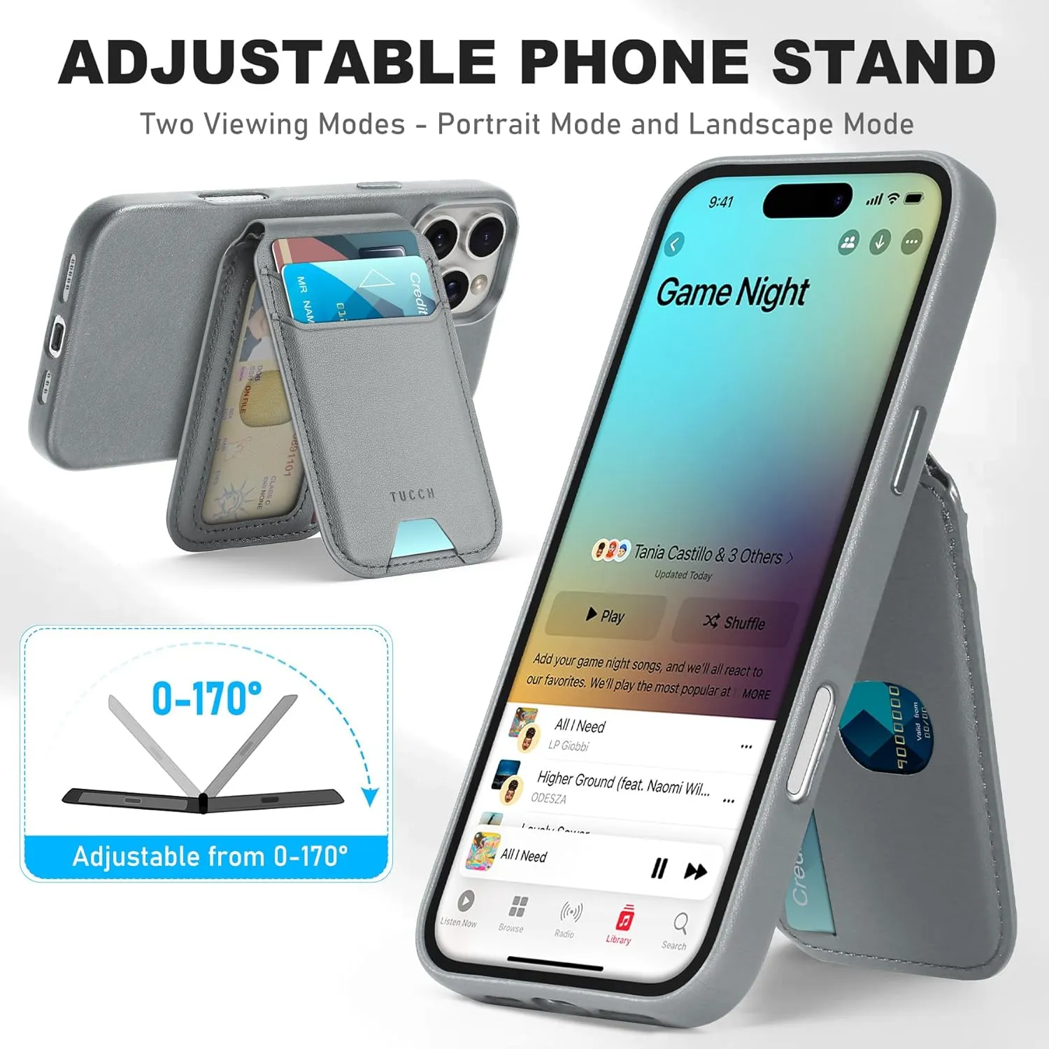 TUCCH PU Leather Case for iPhone 16 Pro (6.3") 2024 with Detachable Magnetic Wallet Stand with [5 Card Holders] [RFID Blocking] [Wireless Charging], Slim Anti-Slip Cover for iPhone 16 Pro, Iron Grey